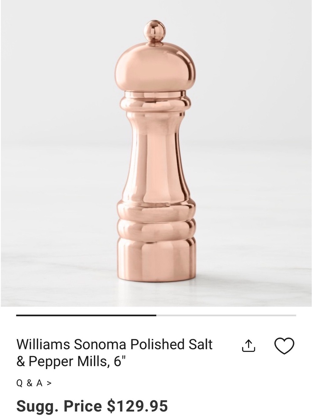 Williams Sonoma Polished Copper SALT Mill